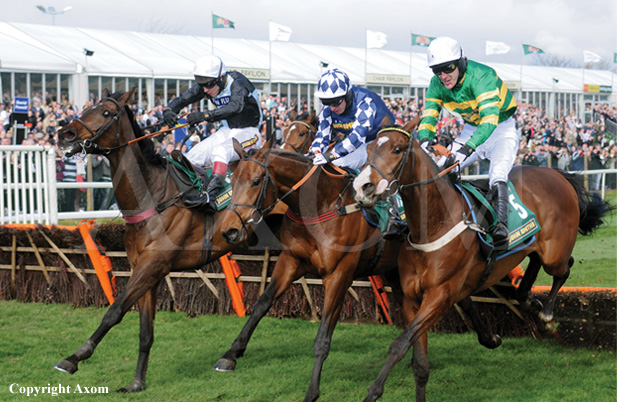 Bouggler jumping the last before his win at Aintree